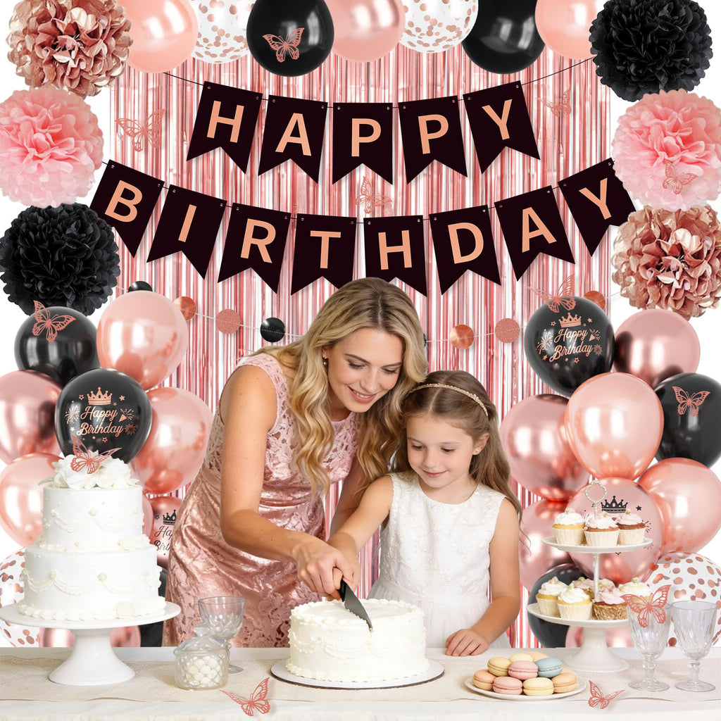 Ouddy Party Rose Gold & Black Birthday Decorations for Women & Girls | Balloons, Banners & Fringe Curtain