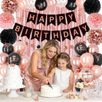 Ouddy Party Rose Gold & Black Birthday Decorations for Women & Girls | Balloons, Banners & Fringe Curtain