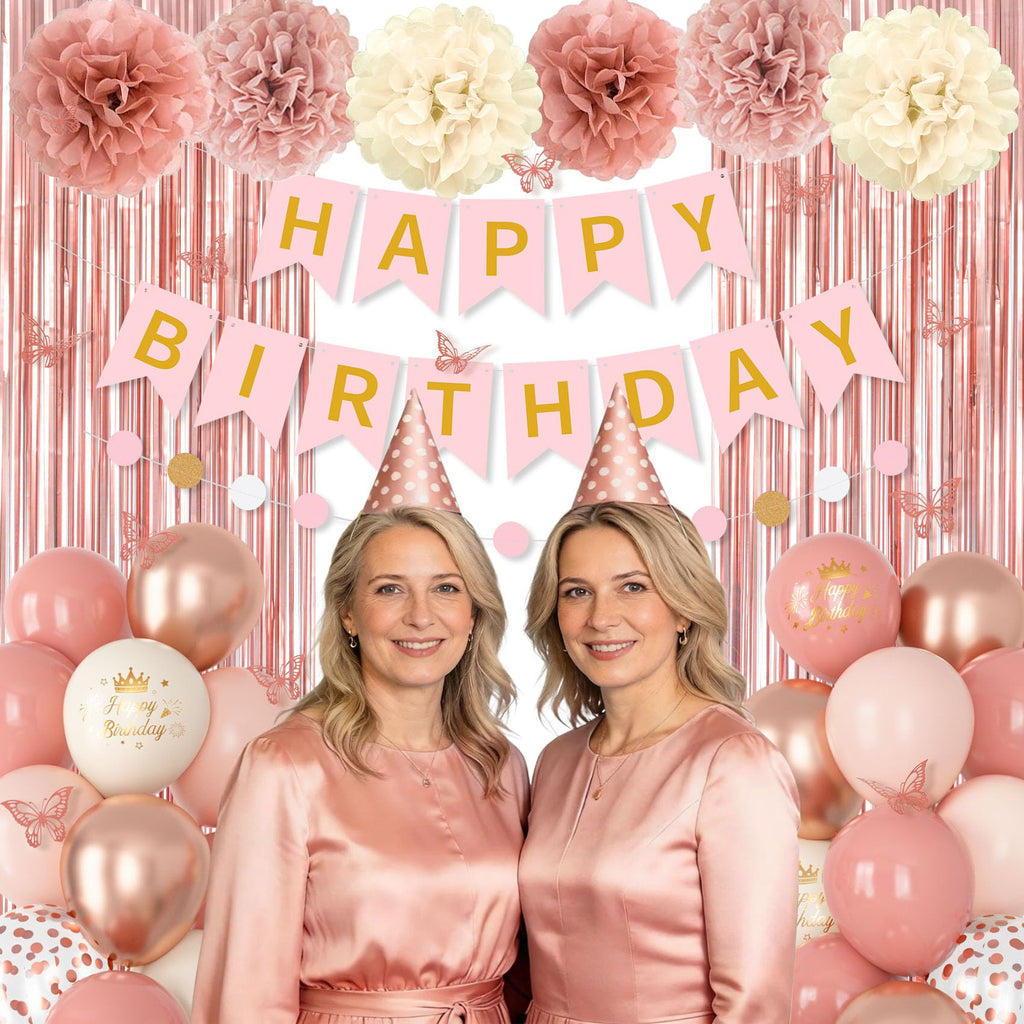 Ouddy Party Pink Decorations for Women & Girls – Dusty Pink Balloons & Rose Gold Fringe