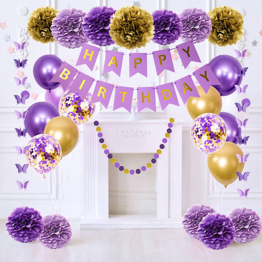 Ouddy Party Purple Birthday Decorations Kit – Butterfly Garland, Banner, Balloons