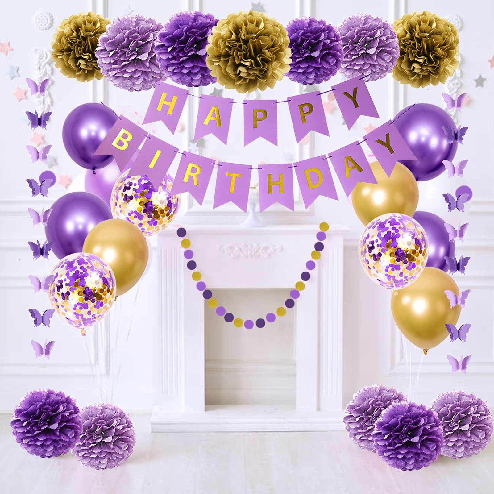 Ouddy Party Purple Birthday Decorations Kit – Butterfly Garland, Banner, Balloons