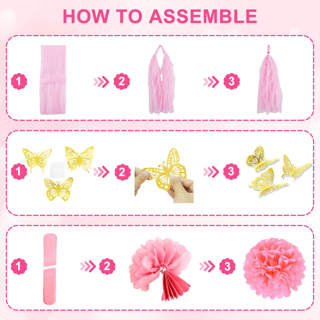 Ouddy Party Pink Birthday Decorations Kit for Women & Girls – Hot Pink, Rose Gold Balloons & Fringe Curtain