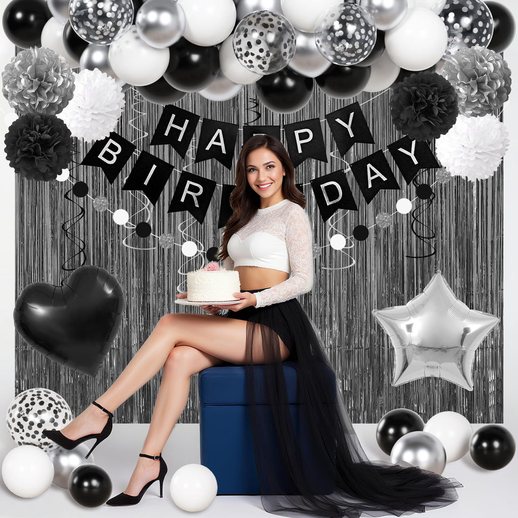 Ouddy Party Black & White Birthday Party Decorations – Balloons, Banner & Curtain Set