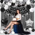 Ouddy Party Black & White Birthday Party Decorations – Balloons, Banner & Curtain Set