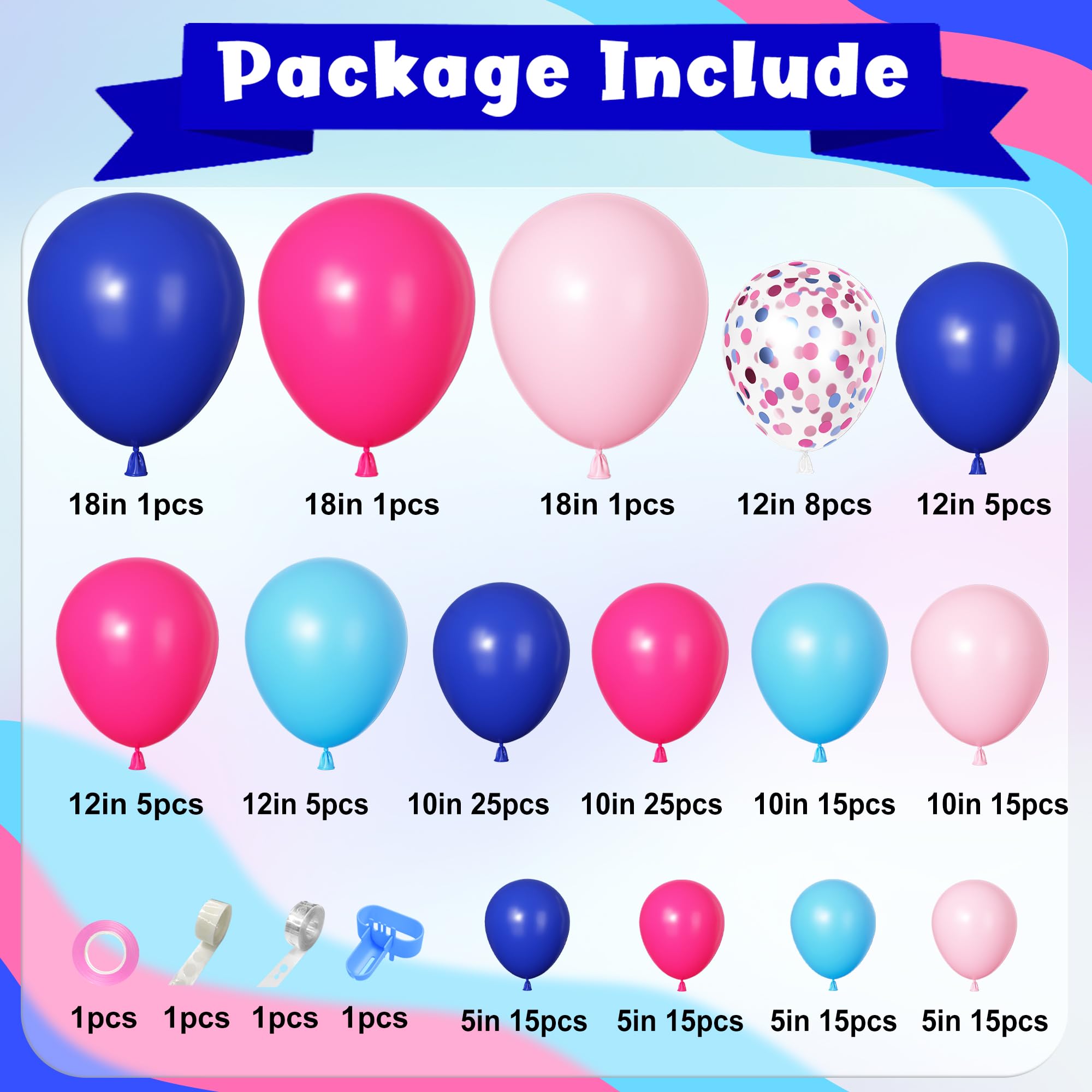 Ouddy Party 170Pcs Blue & Pink Balloons Arch Garland Kit – Royal Blue, Light Blue & Hot Pink Confetti Balloons