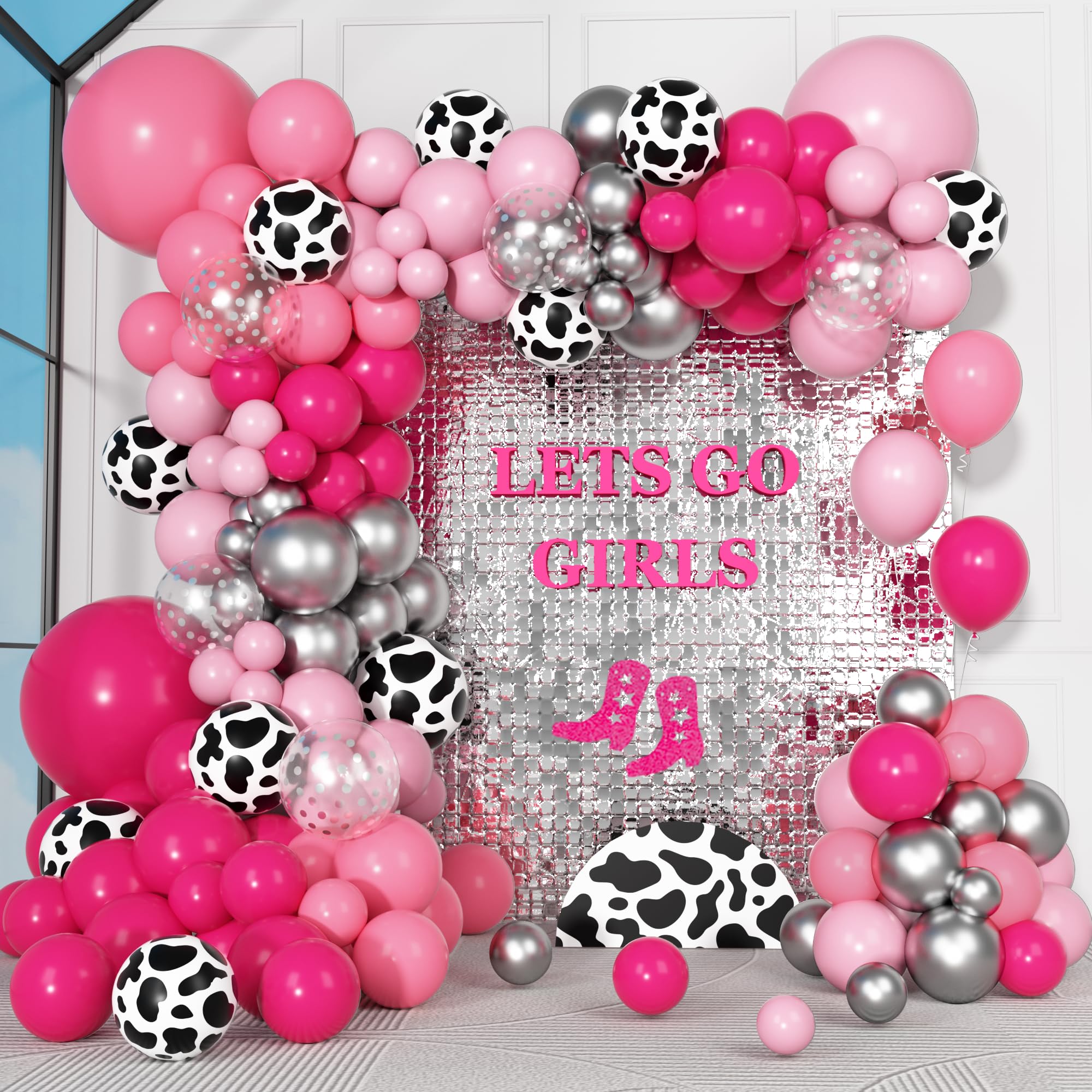 Ouddy Party 170Pcs Cowgirl Balloons Arch Kit – Hot Pink & Silver Cow Print, Western Party Decor