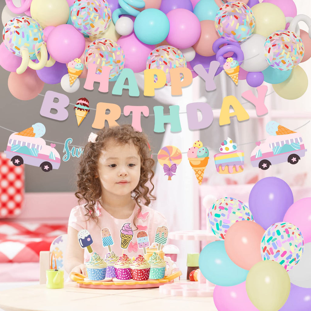 Ouddy Party 75Pcs Ice Cream Birthday Decorations for Girls – Pastel Balloon Arch Kit, Banners & Cupcake Toppers
