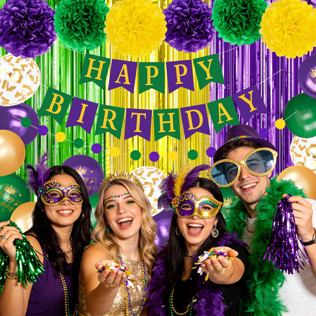 Ouddy Party Purple Green Decor Set – Confetti Balloons, Fringe Curtain & Birthday Banner