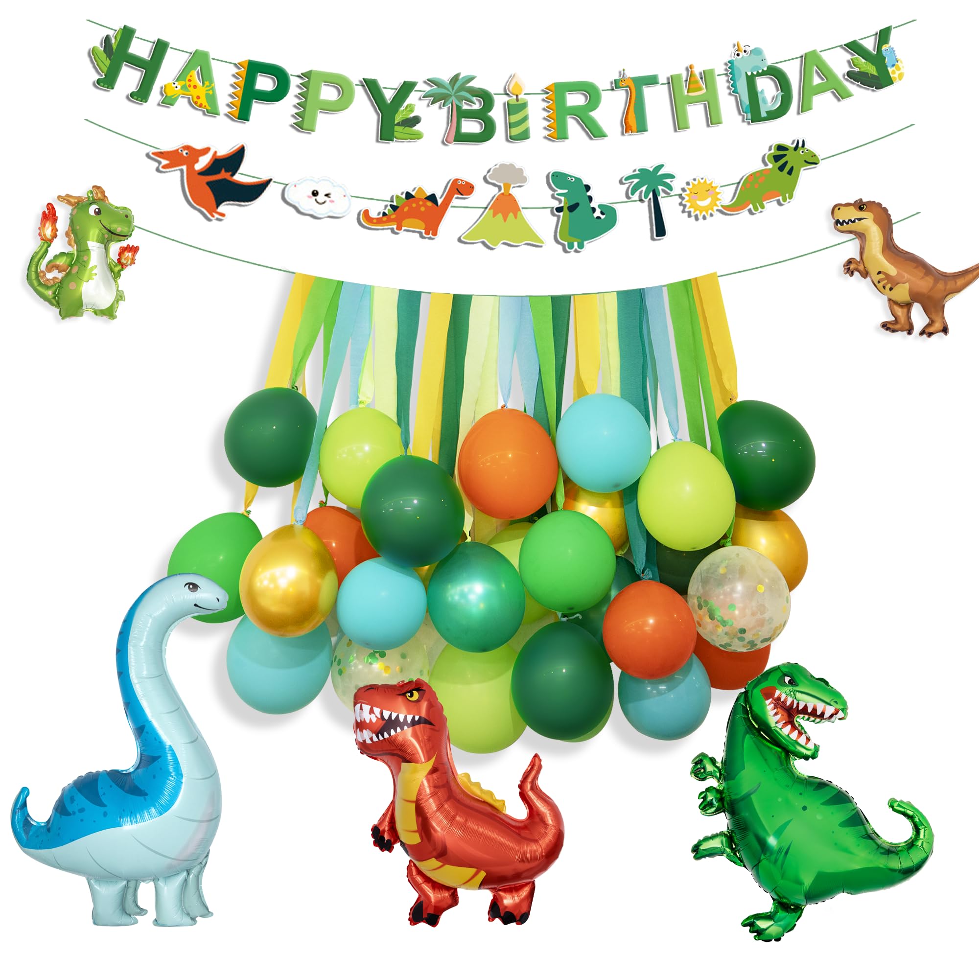 Ouddy Party Dinosaur Birthday Decorations Kit — Banner, Arch, Foil Balloons & Crepe Streamers