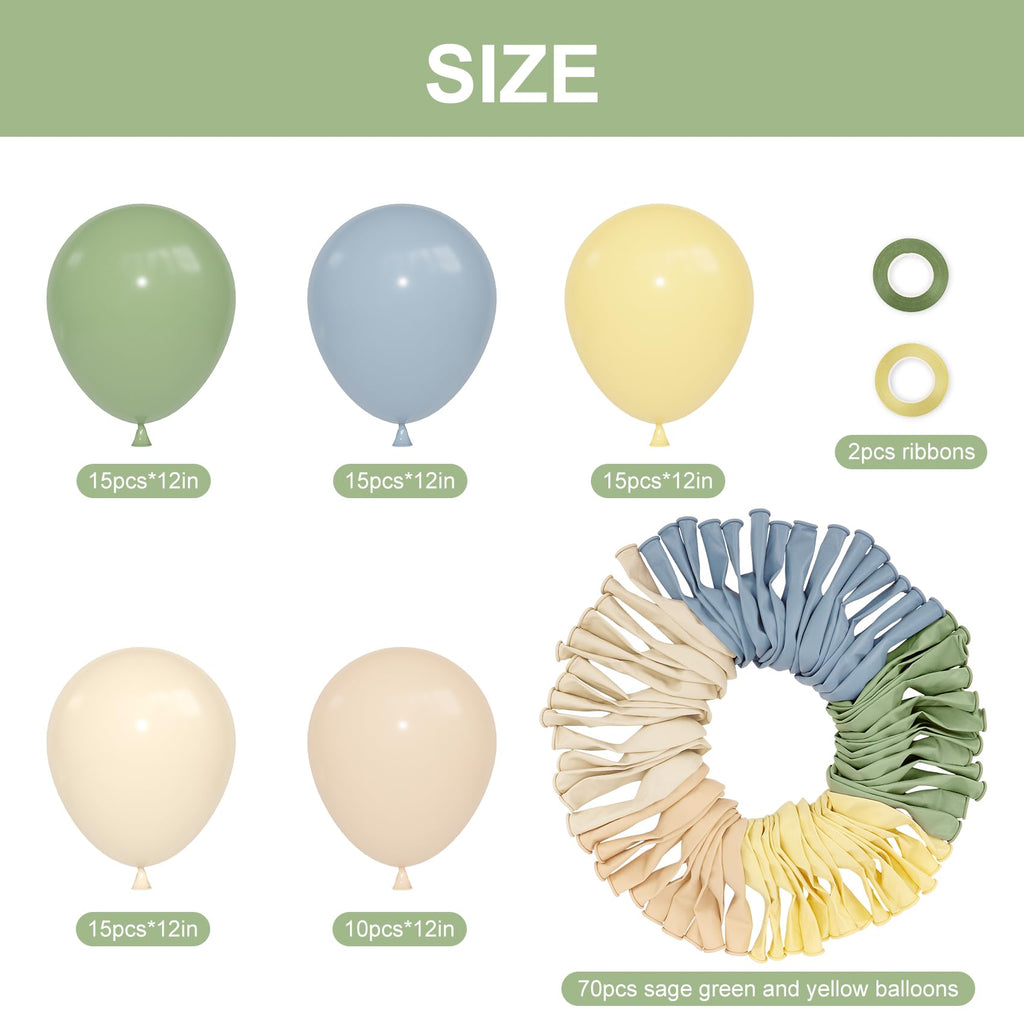 Ouddy Party 72pcs Green Dusty Blue Yellow Balloons Set – 12in Sage Green, Dusty Blue, Pastel Yellow, White Sand, Nude