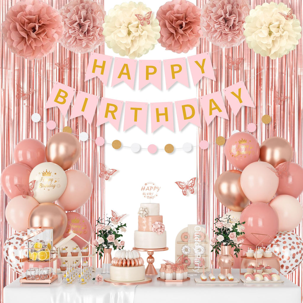 Ouddy Party Pink Decorations for Women & Girls – Dusty Pink Balloons & Rose Gold Fringe