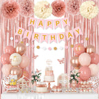 Ouddy Party Pink Decorations for Women & Girls – Dusty Pink Balloons & Rose Gold Fringe