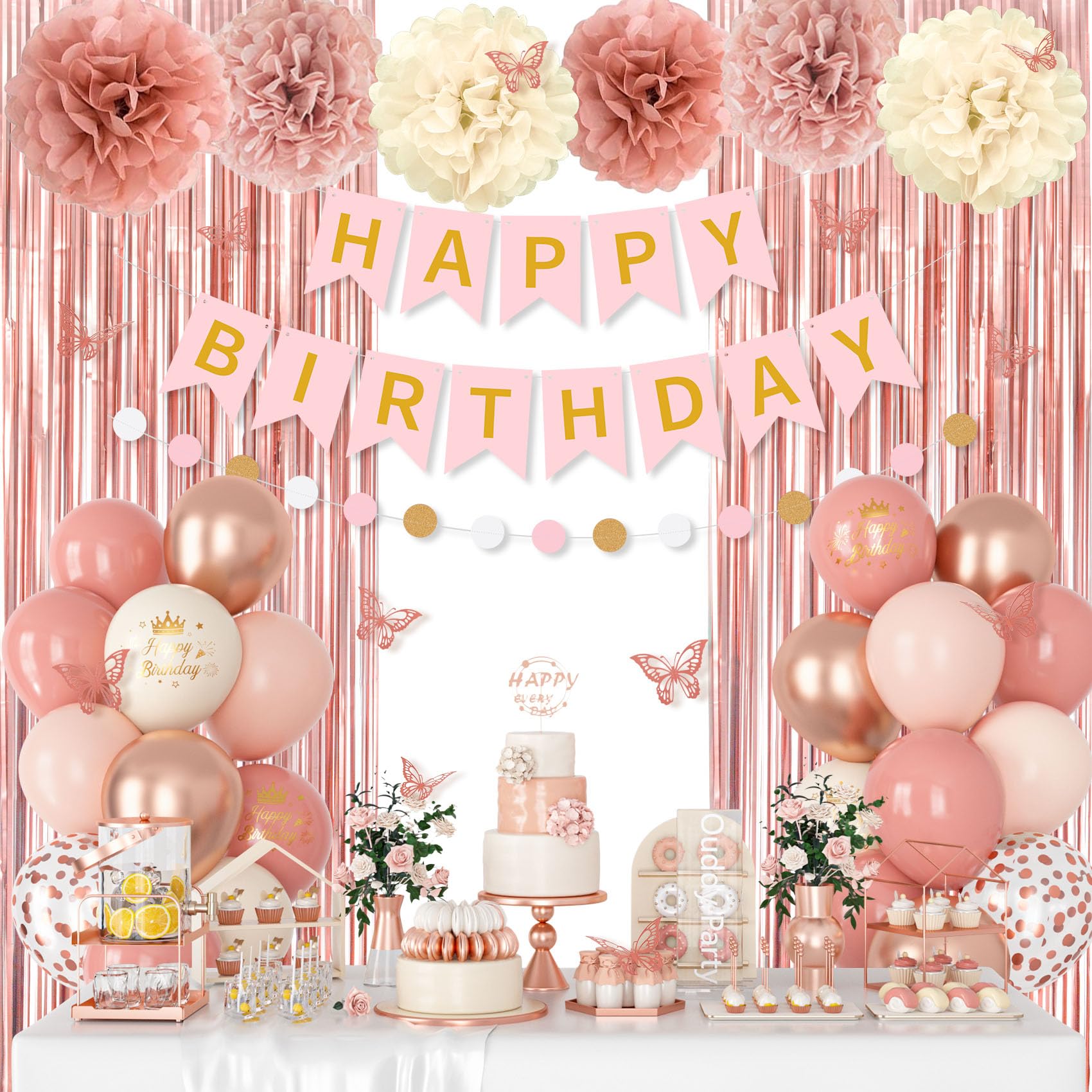 Ouddy Party Pink Decorations for Women & Girls – Dusty Pink Balloons & Rose Gold Fringe