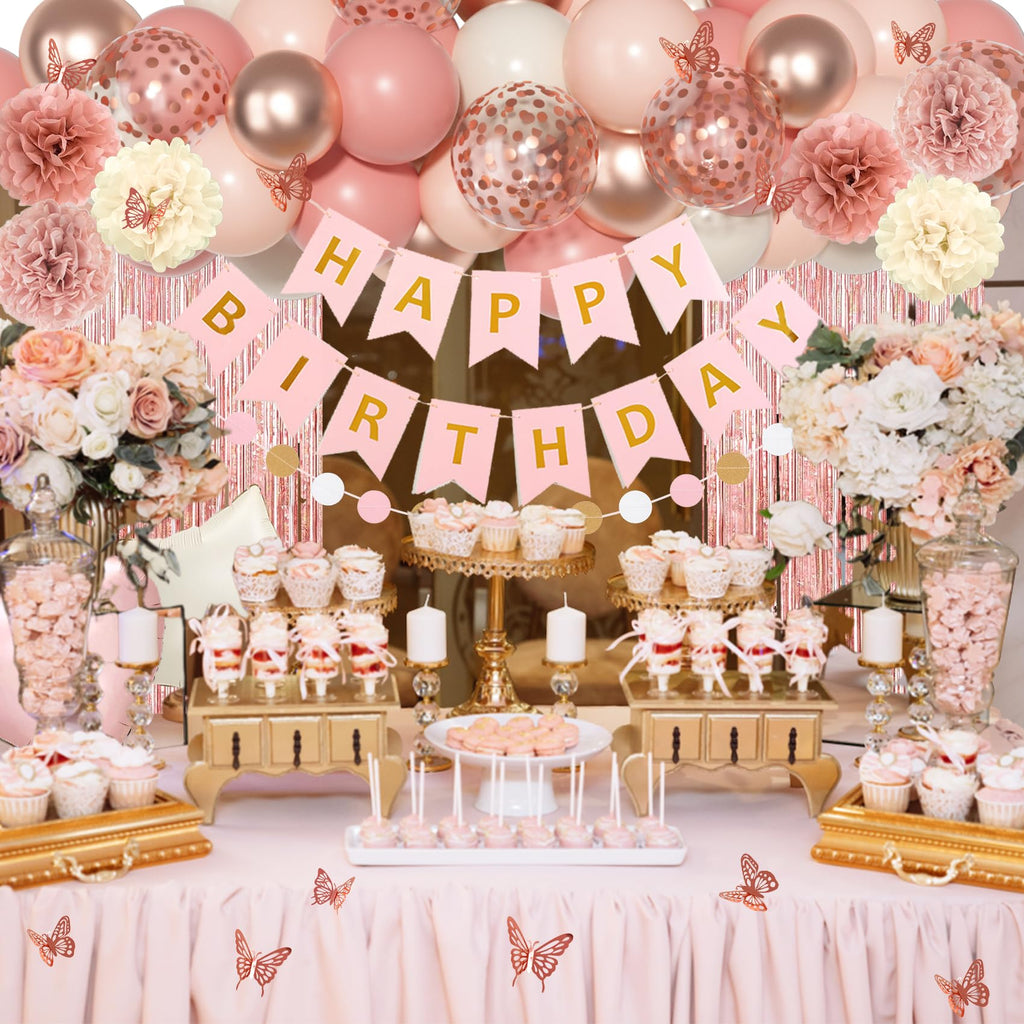 Ouddy Party Pink Birthday Decorations – Dusty Pink & Rose Gold Balloons & Banner Set