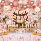 Ouddy Party Pink Birthday Decorations – Dusty Pink & Rose Gold Balloons & Banner Set