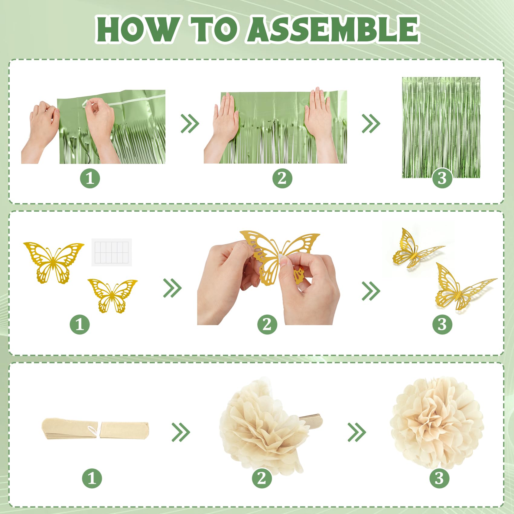 Ouddy Party Sage Green Birthday Decorations – Balloons, Fringe Curtain, Banners & Pompoms