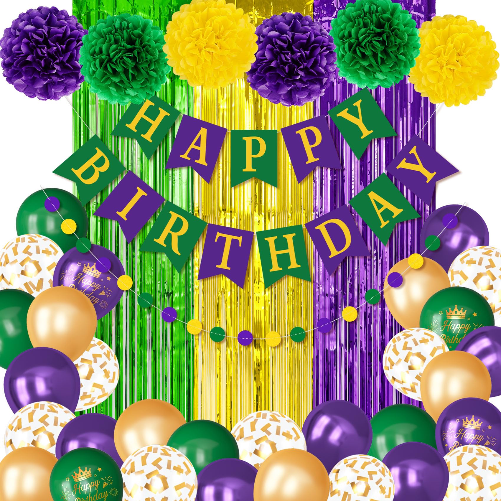 Ouddy Party Purple Green Decor Set – Confetti Balloons, Fringe Curtain & Birthday Banner