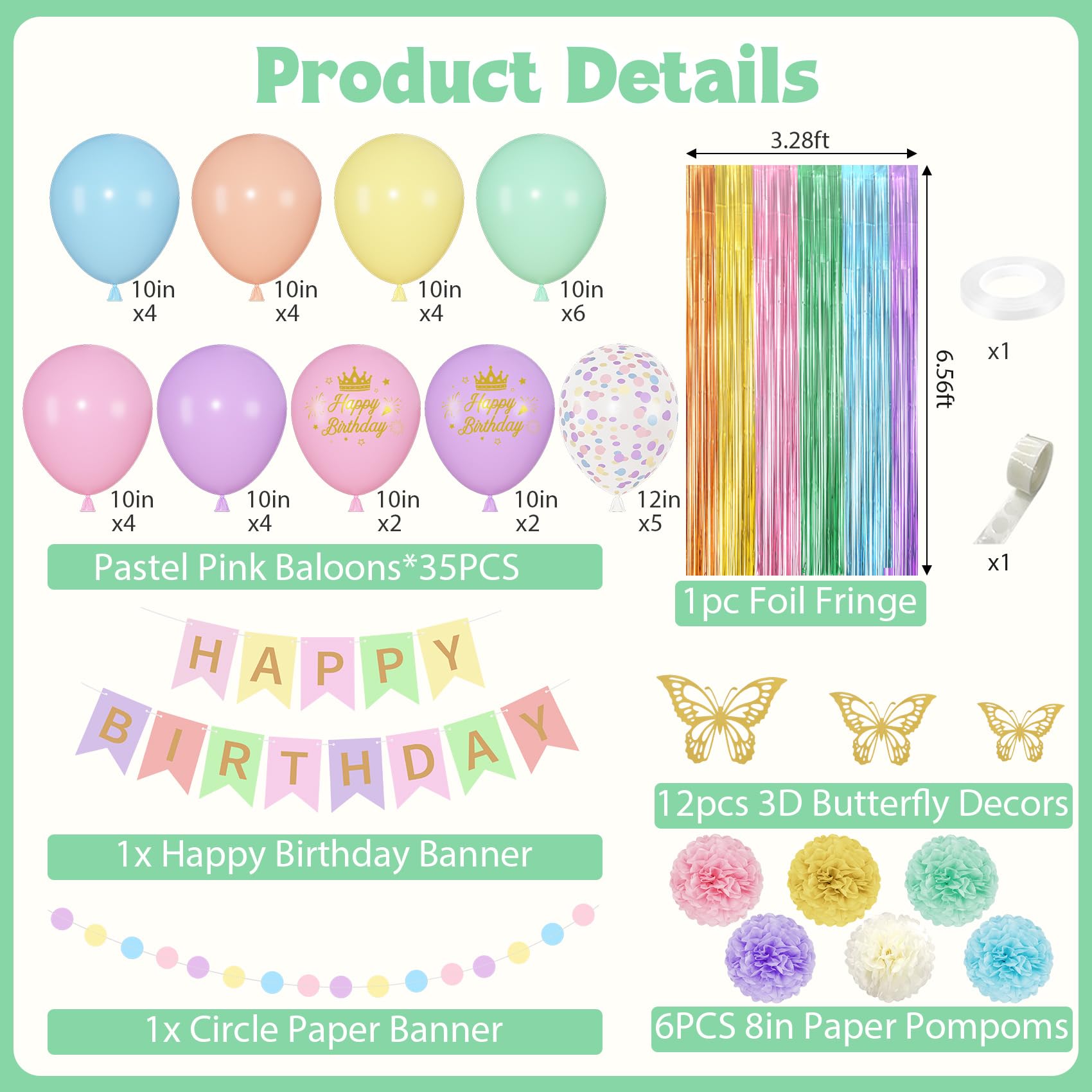 Ouddy Party Pastel Rainbow Birthday Decorations | Confetti Balloons, Fringe Curtain & Banners