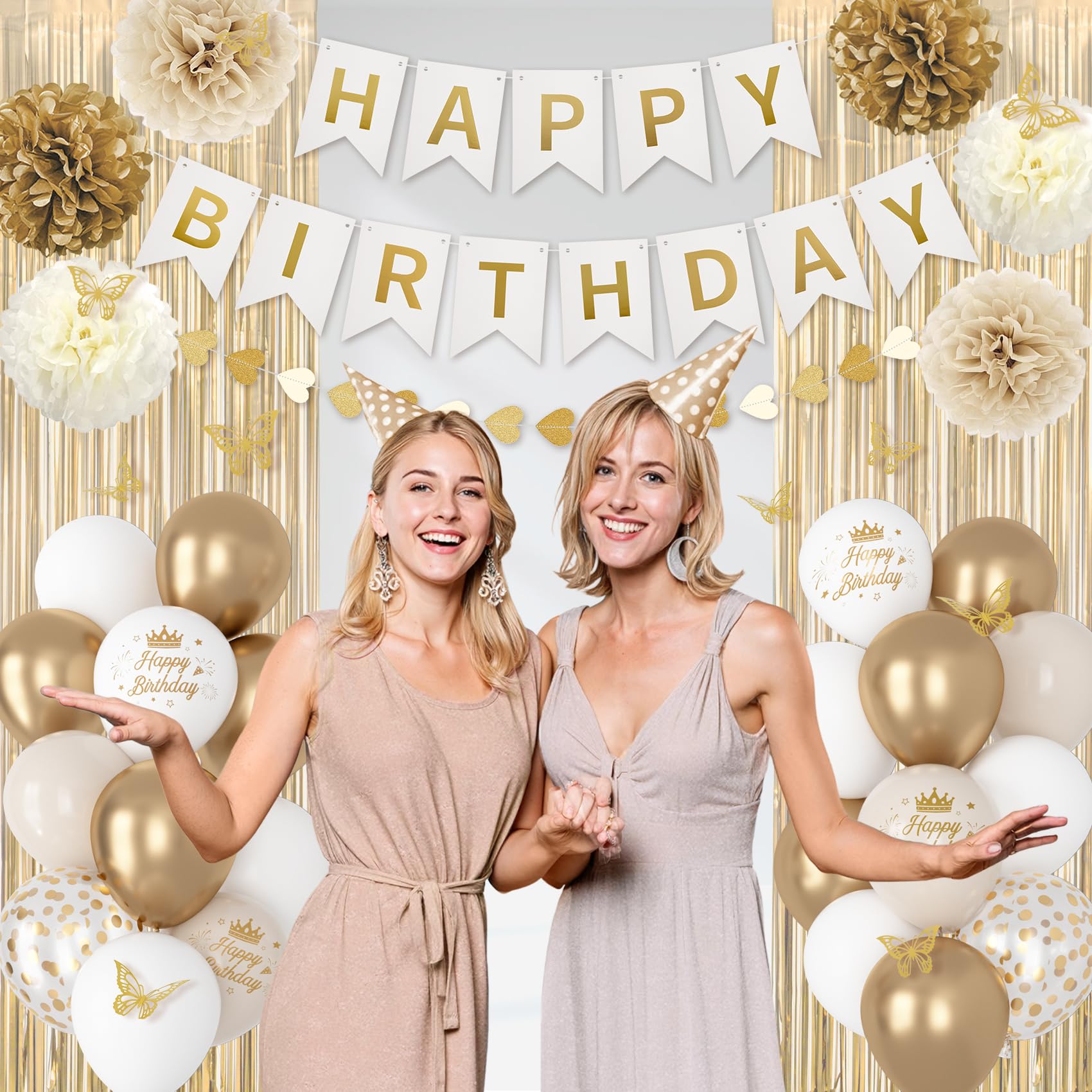 Ouddy Party White & Gold Birthday Decorations Kit — Confetti Balloons, Fringe Curtain, Banners