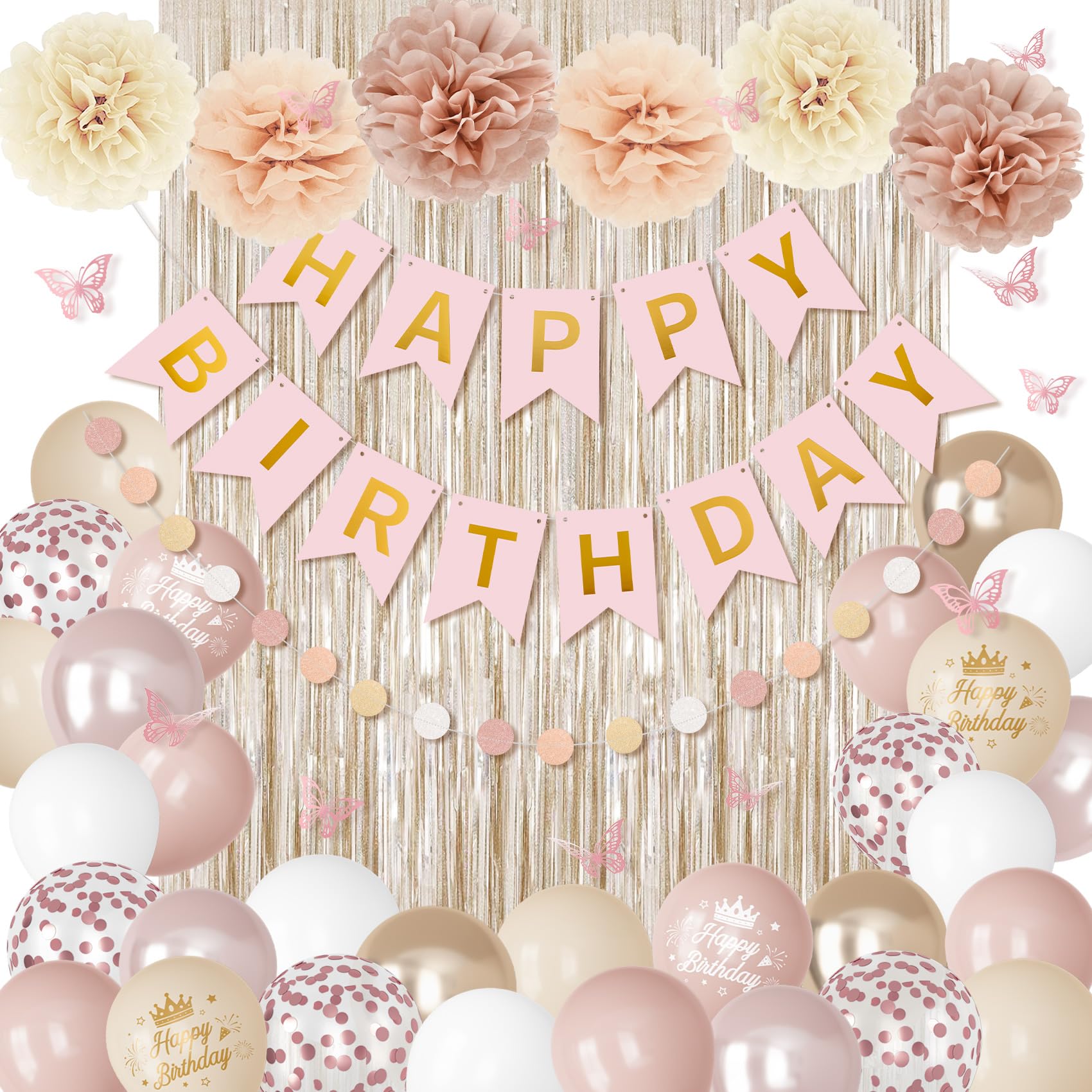 Ouddy Party Boho Dusty Pink Birthday Decorations | Balloons, Fringe Curtain, Banners & Pompoms