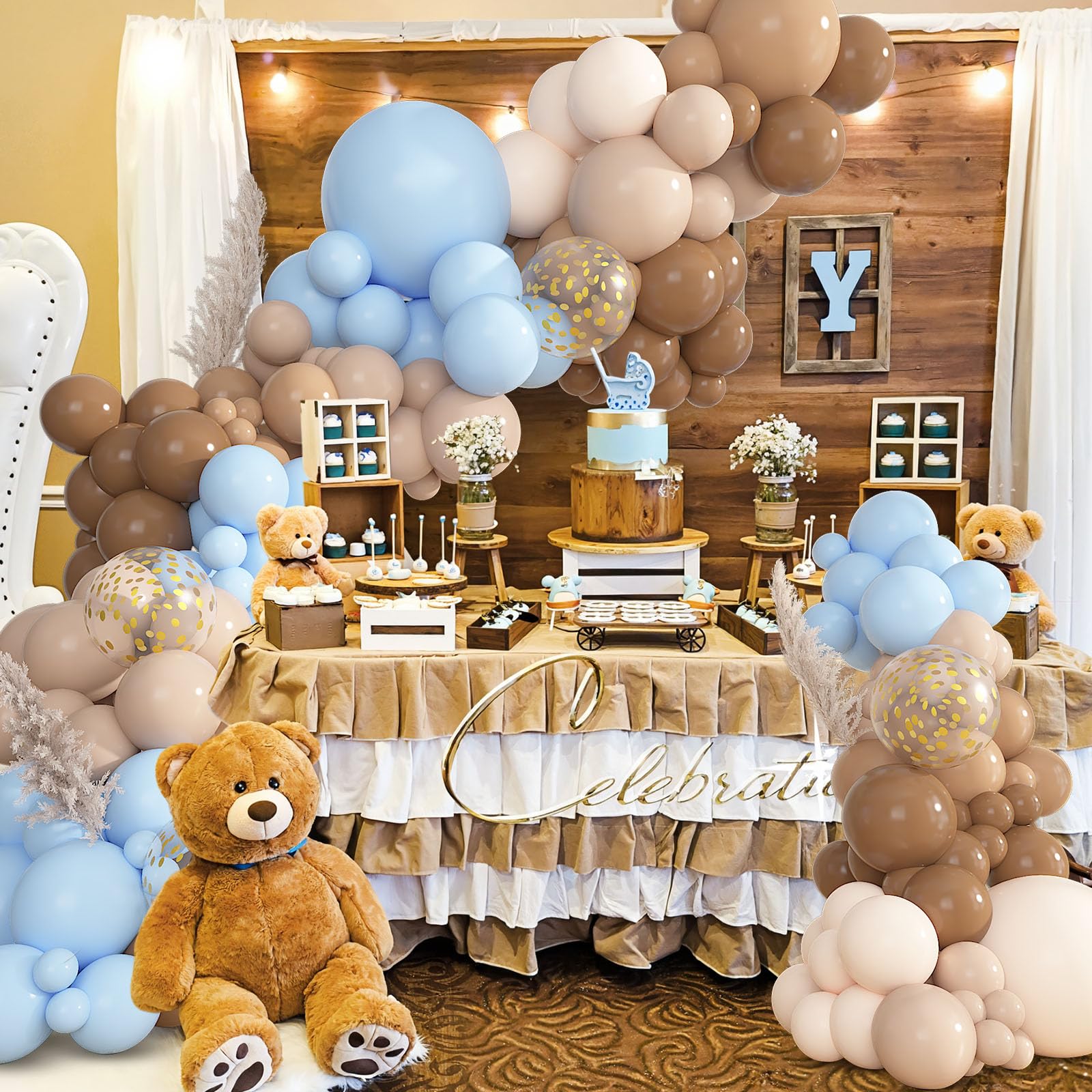 Ouddy Party Brown Coffee Blue Balloon Arch Kit 142Pcs – Boho Nude Balloons for Baby Shower & Gender Reveal