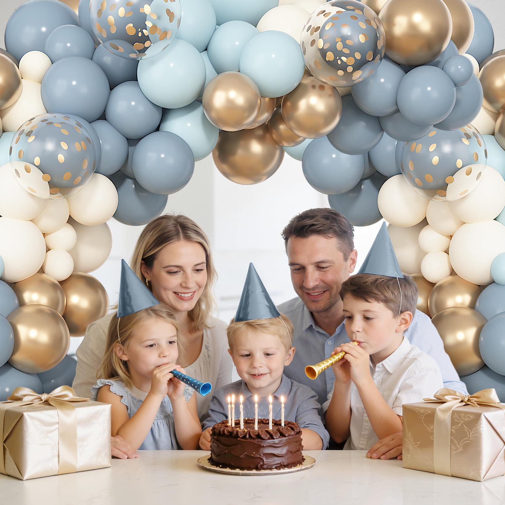 Ouddy Party 72pcs Dusty Blue & Gold Balloons Set – 12in Latex Confetti & Pastel Mix