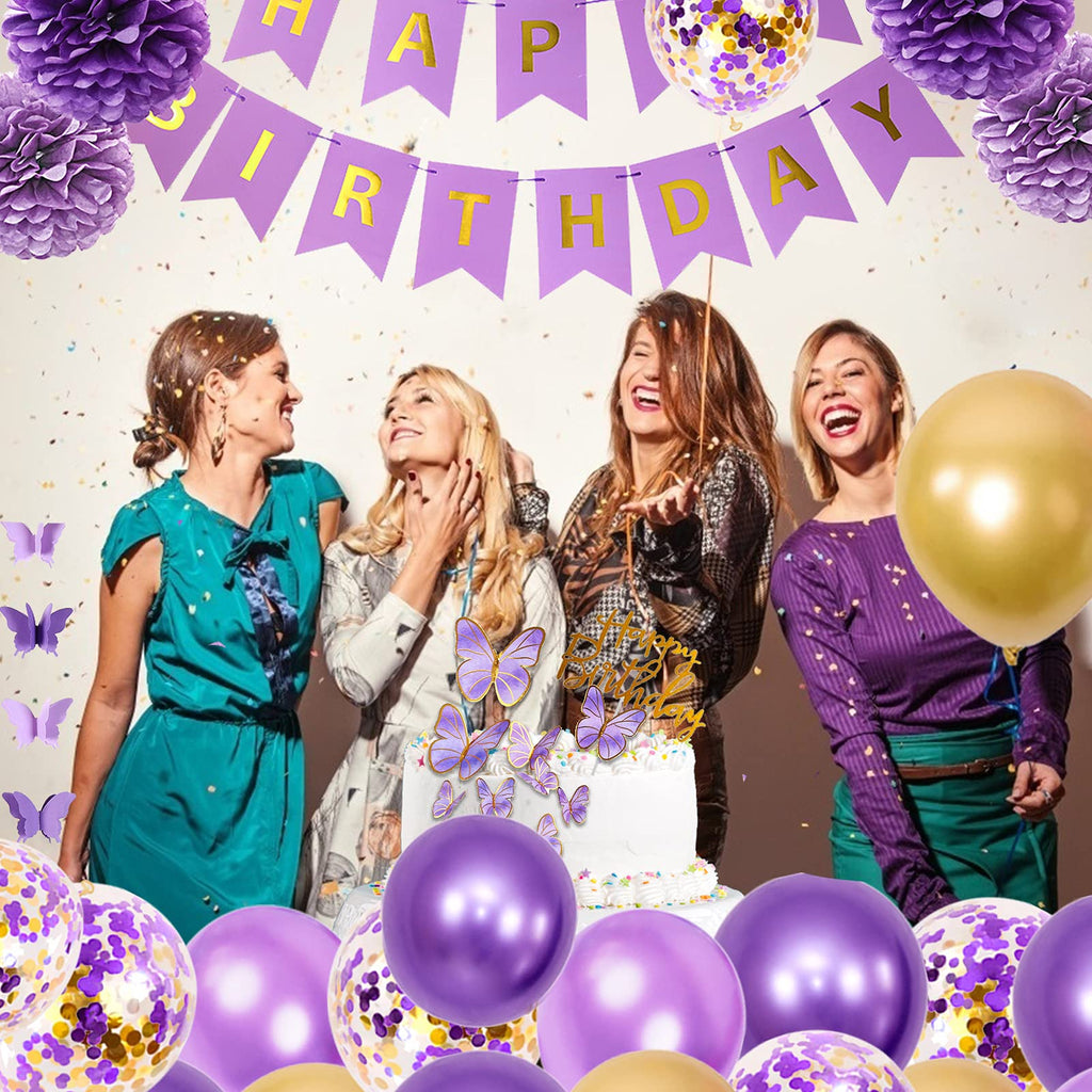 Ouddy Party Purple Birthday Decorations Kit – Butterfly Garland, Banner, Balloons