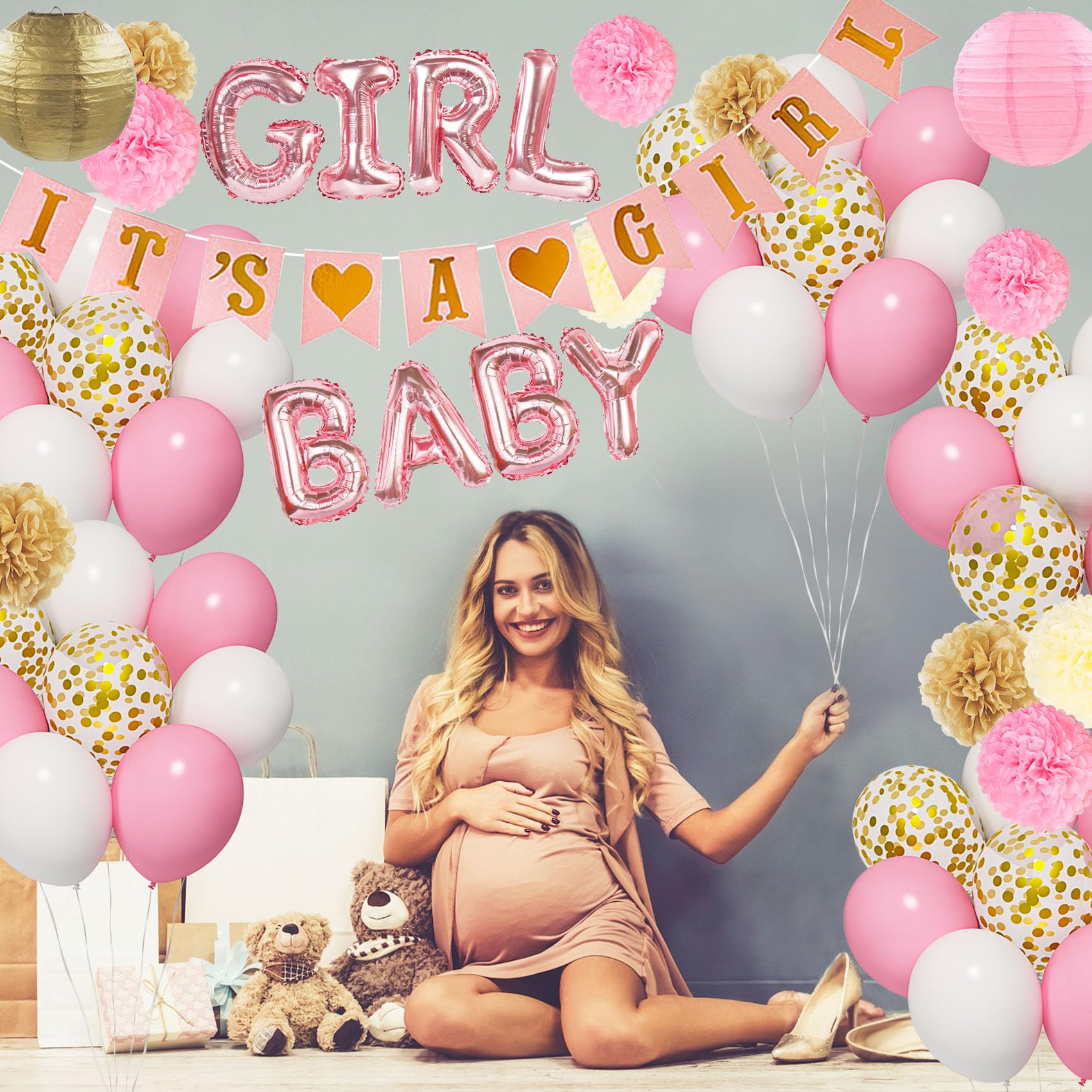 Ouddy Party Pink Baby Shower Decorations – It’s a Girl Banner, Pink Gold Balloons