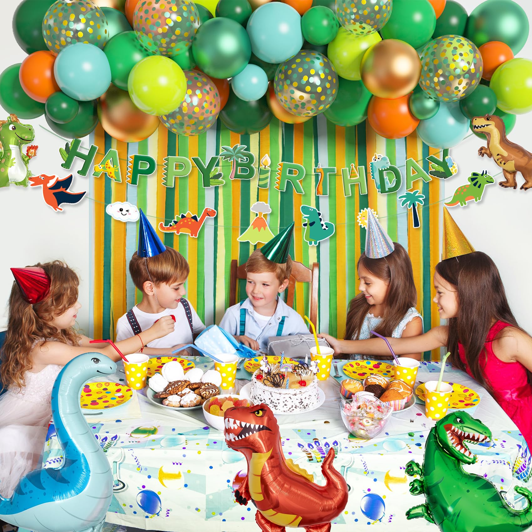 Ouddy Party Dinosaur Birthday Decorations Kit — Banner, Arch, Foil Balloons & Crepe Streamers