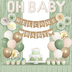 Ouddy Party Sage Green Baby Shower Decorations – Green Balloons, Welcome Baby Banner & Fringe Curtains