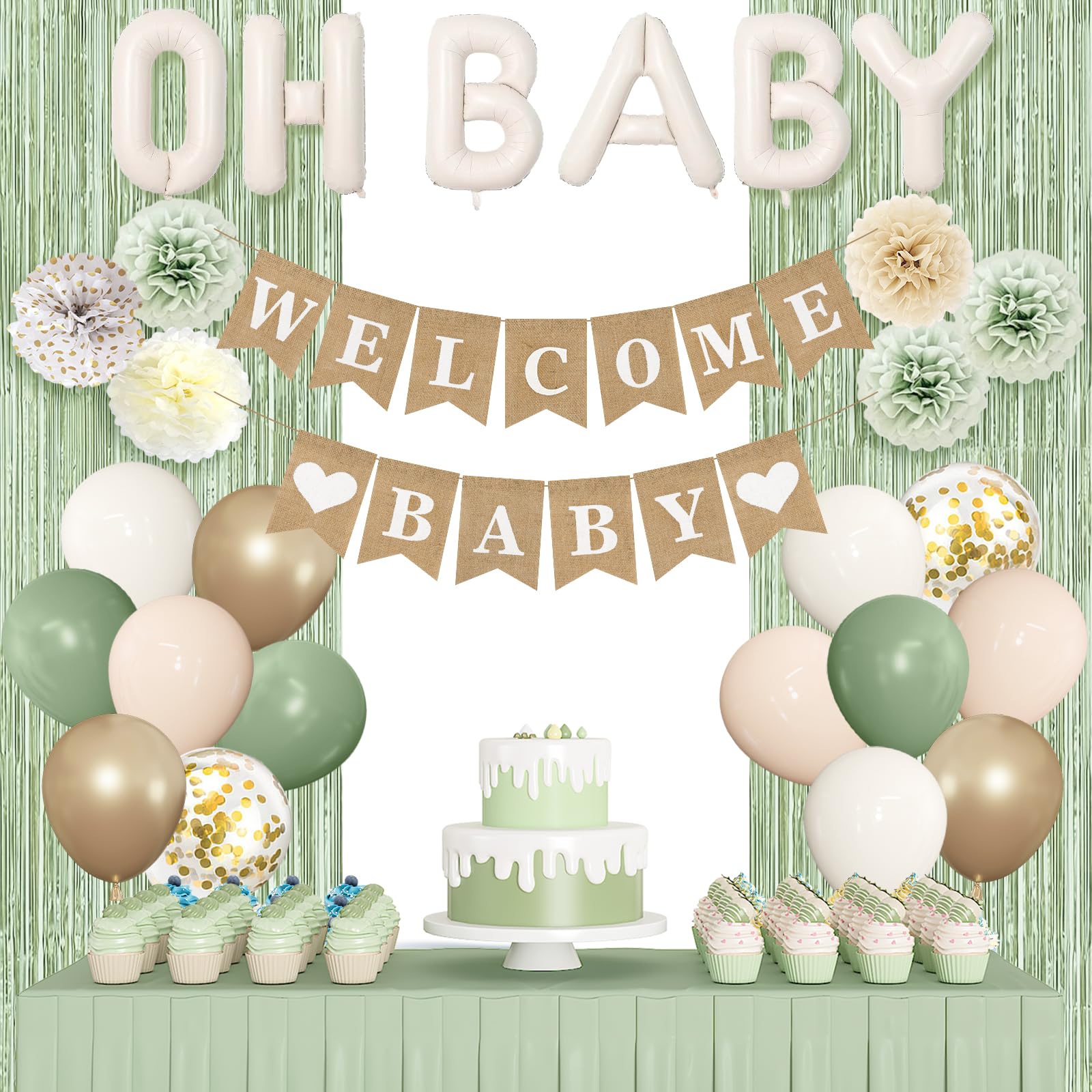 Ouddy Party Sage Green Baby Shower Decorations – Green Balloons, Welcome Baby Banner & Fringe Curtains