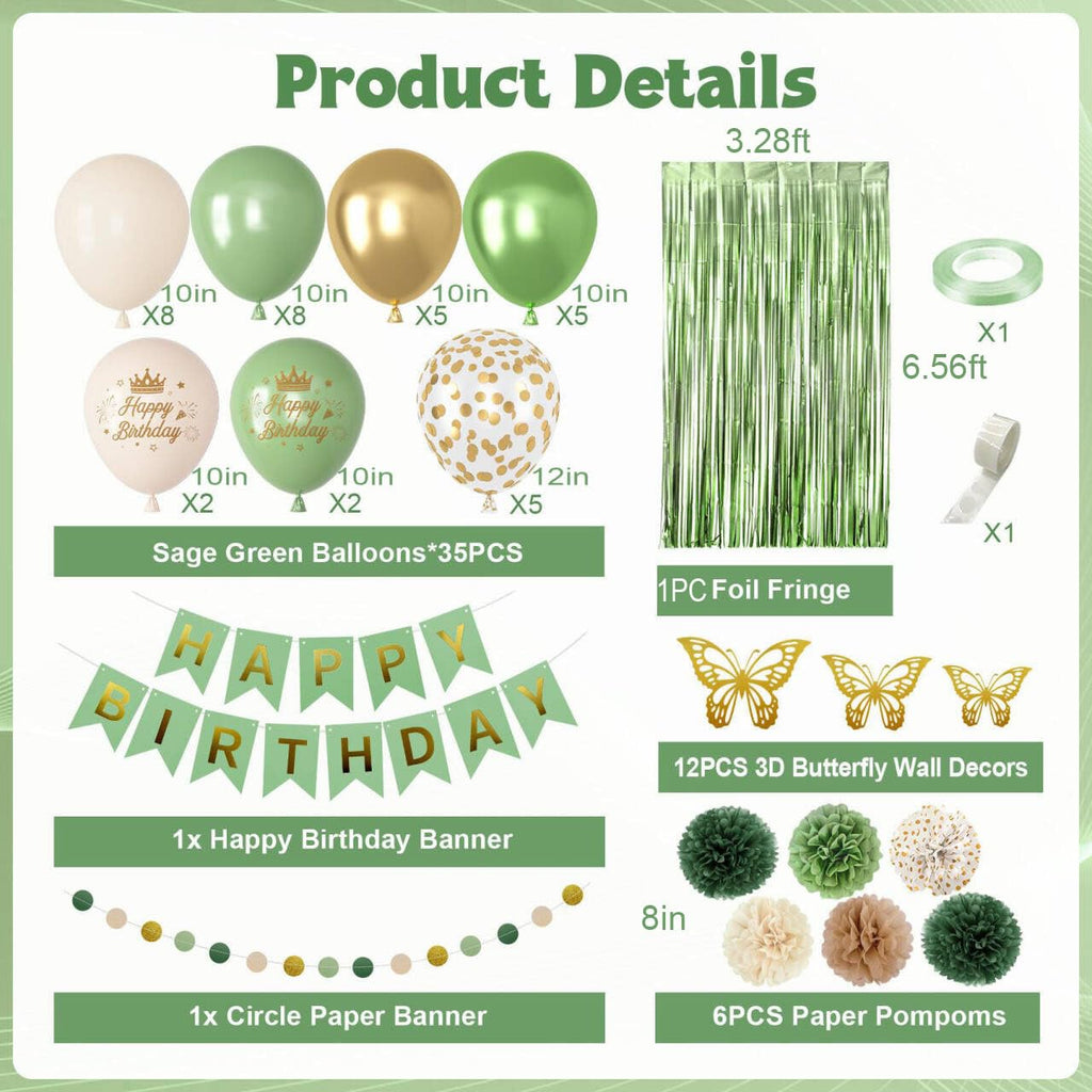 Ouddy Party Sage Green Birthday Decorations – Balloons, Fringe Curtain, Banners & Pompoms