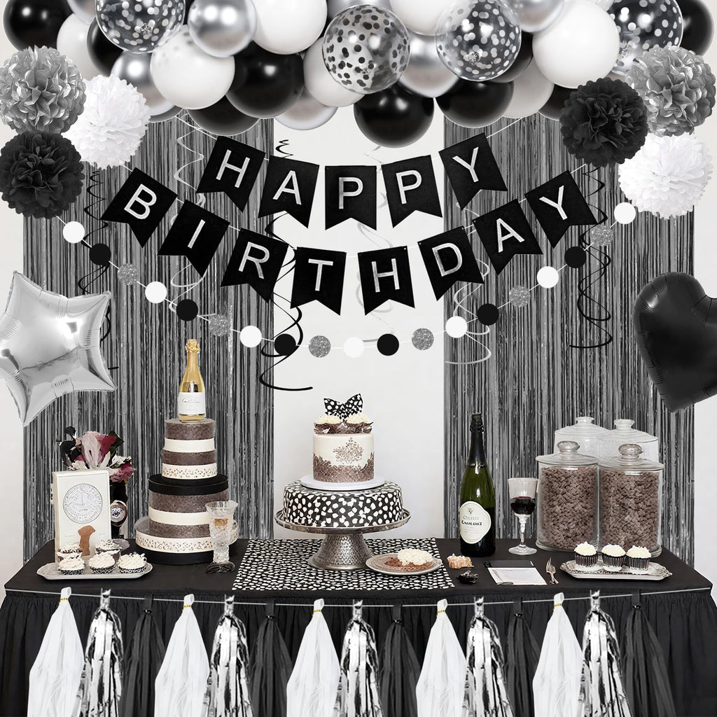 Ouddy Party Black & White Birthday Party Decorations – Balloons, Banner & Curtain Set