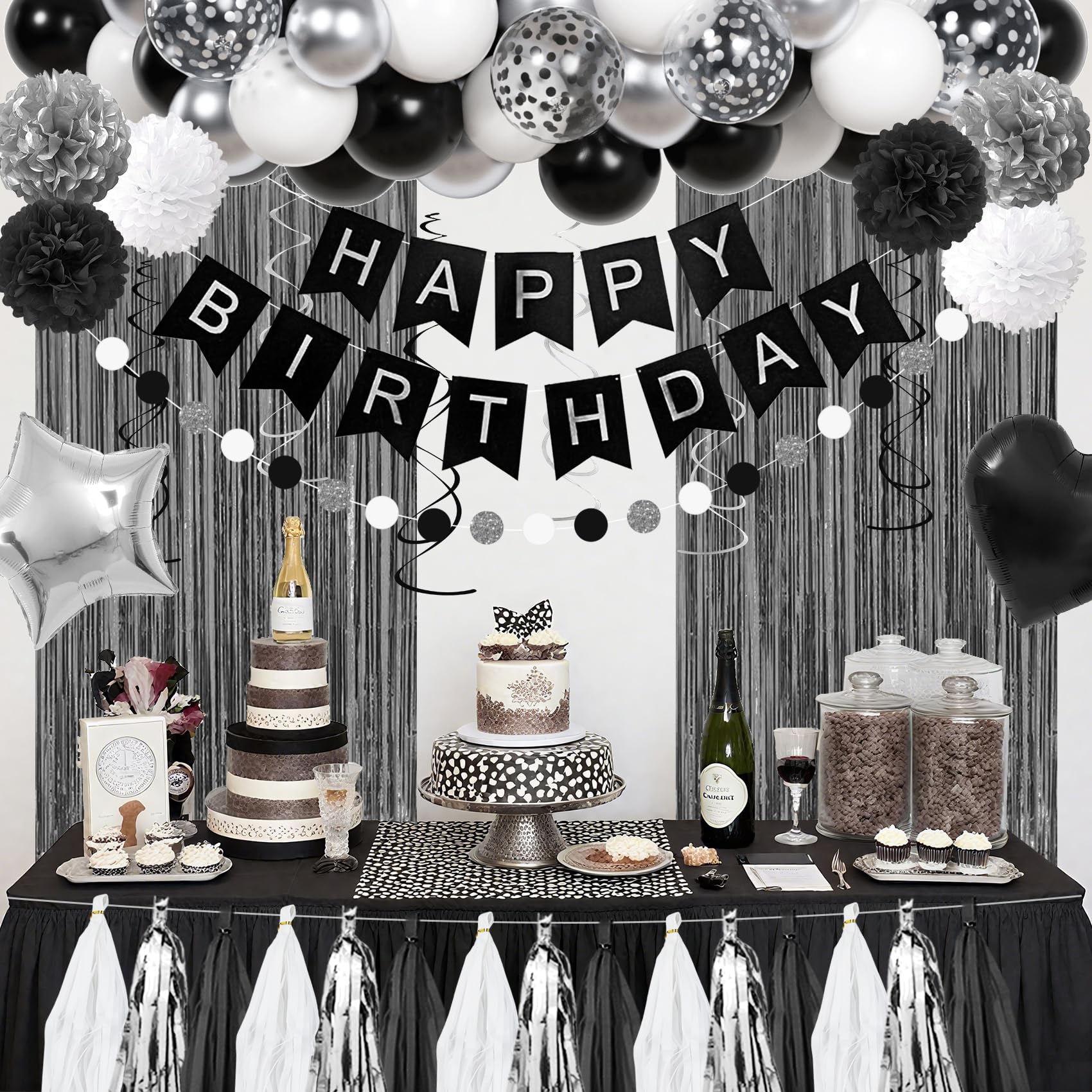 Ouddy Party Black & White Birthday Party Decorations – Balloons, Banner & Curtain Set