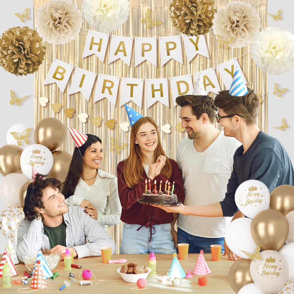 Ouddy Party White & Gold Birthday Decorations Kit — Confetti Balloons, Fringe Curtain, Banners