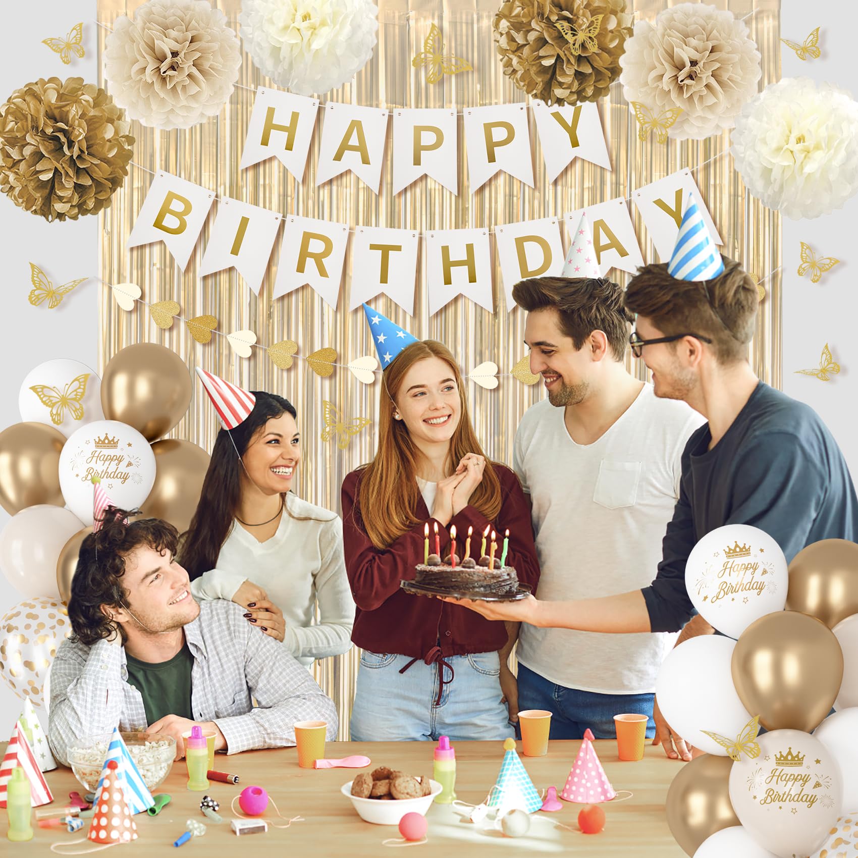 Ouddy Party White & Gold Birthday Decorations Kit — Confetti Balloons, Fringe Curtain, Banners