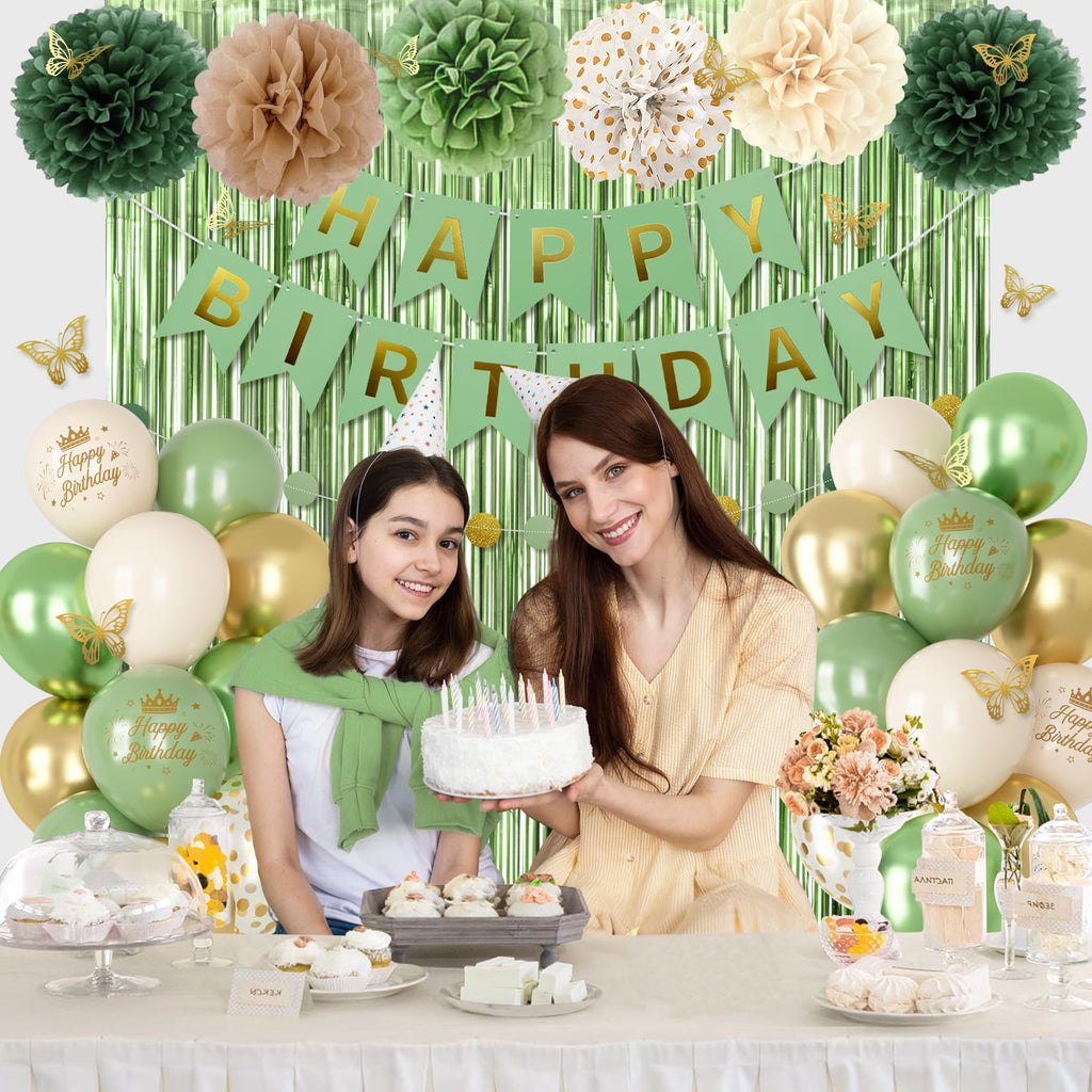 Ouddy Party Sage Green Birthday Decorations – Balloons, Fringe Curtain, Banners & Pompoms