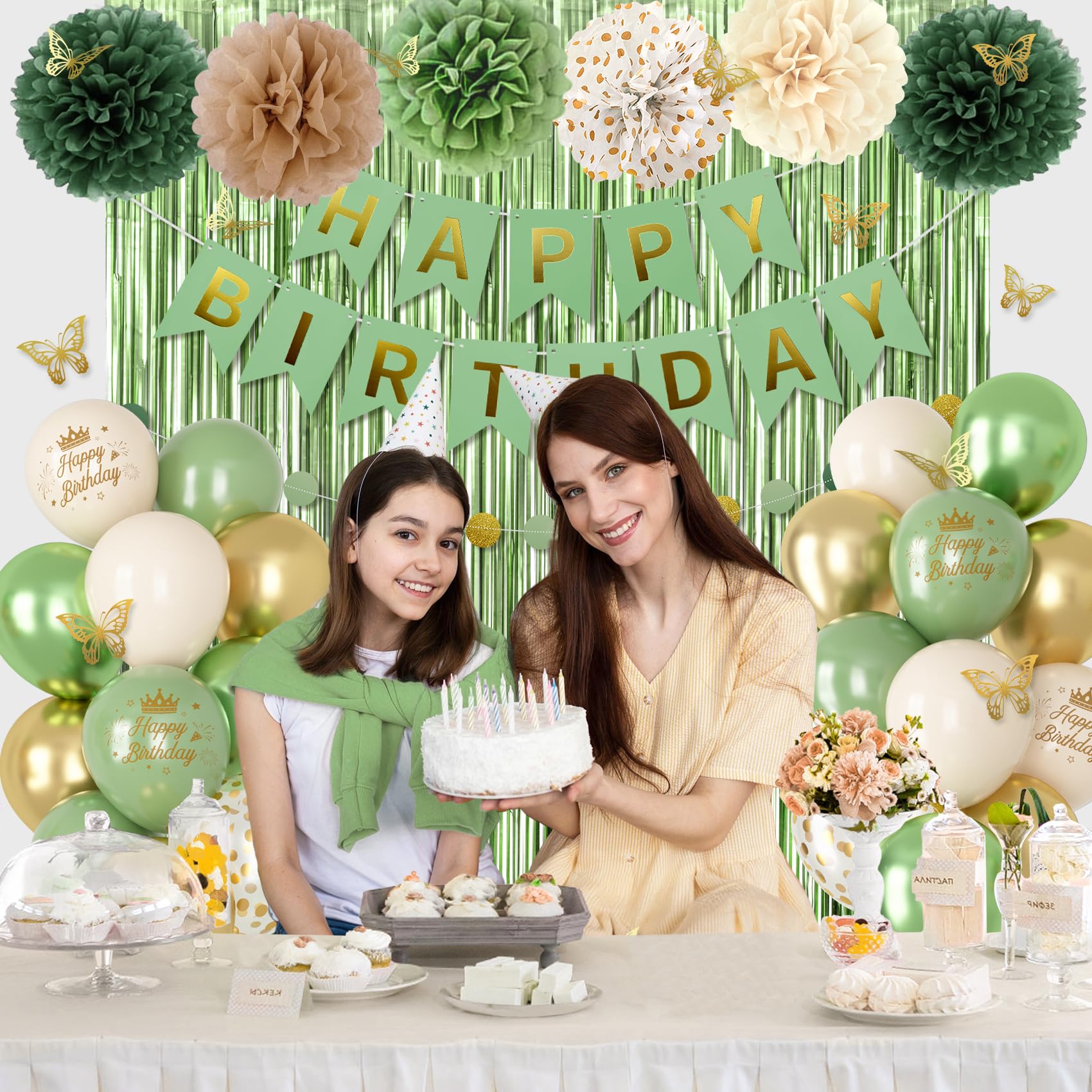 Ouddy Party Sage Green Birthday Decorations – Balloons, Fringe Curtain, Banners & Pompoms