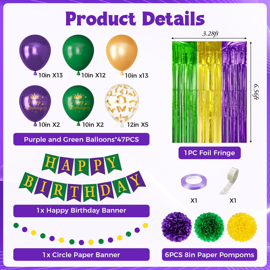 Ouddy Party Purple Green Decor Set – Confetti Balloons, Fringe Curtain & Birthday Banner
