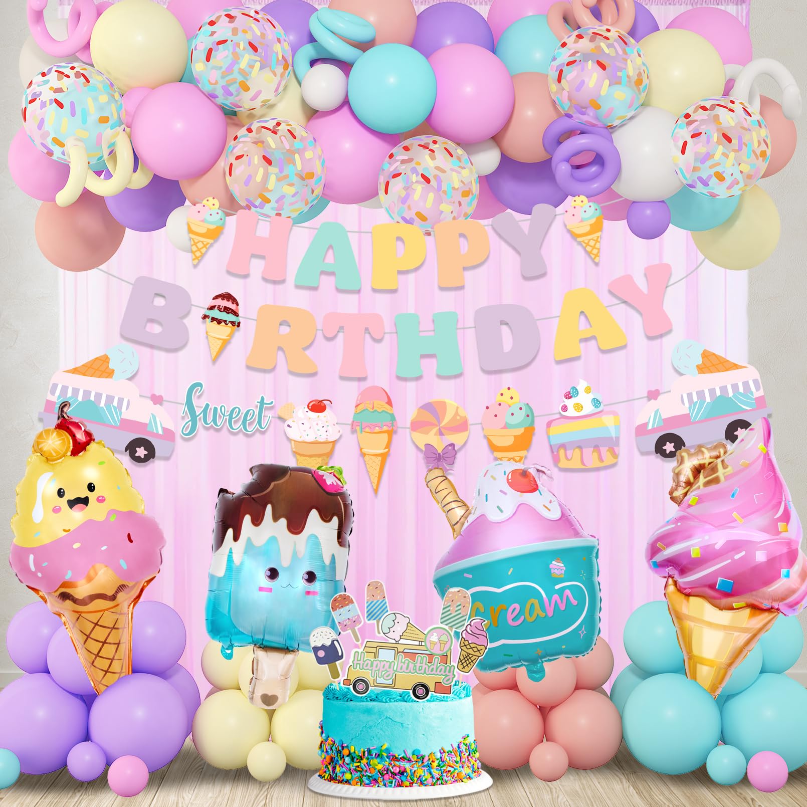 Ouddy Party 75Pcs Ice Cream Birthday Decorations for Girls – Pastel Balloon Arch Kit, Banners & Cupcake Toppers