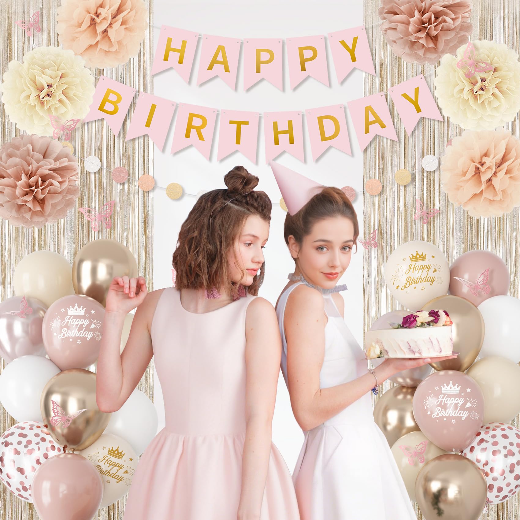 Ouddy Party Boho Dusty Pink Birthday Decorations | Balloons, Fringe Curtain, Banners & Pompoms