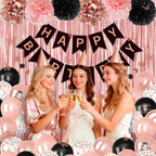 Ouddy Party Rose Gold & Black Birthday Decorations for Women & Girls | Balloons, Banners & Fringe Curtain