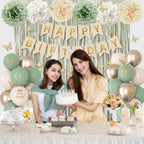 Ouddy Party Sage Green Birthday Decorations – Confetti Balloons, Fringe Curtain & More