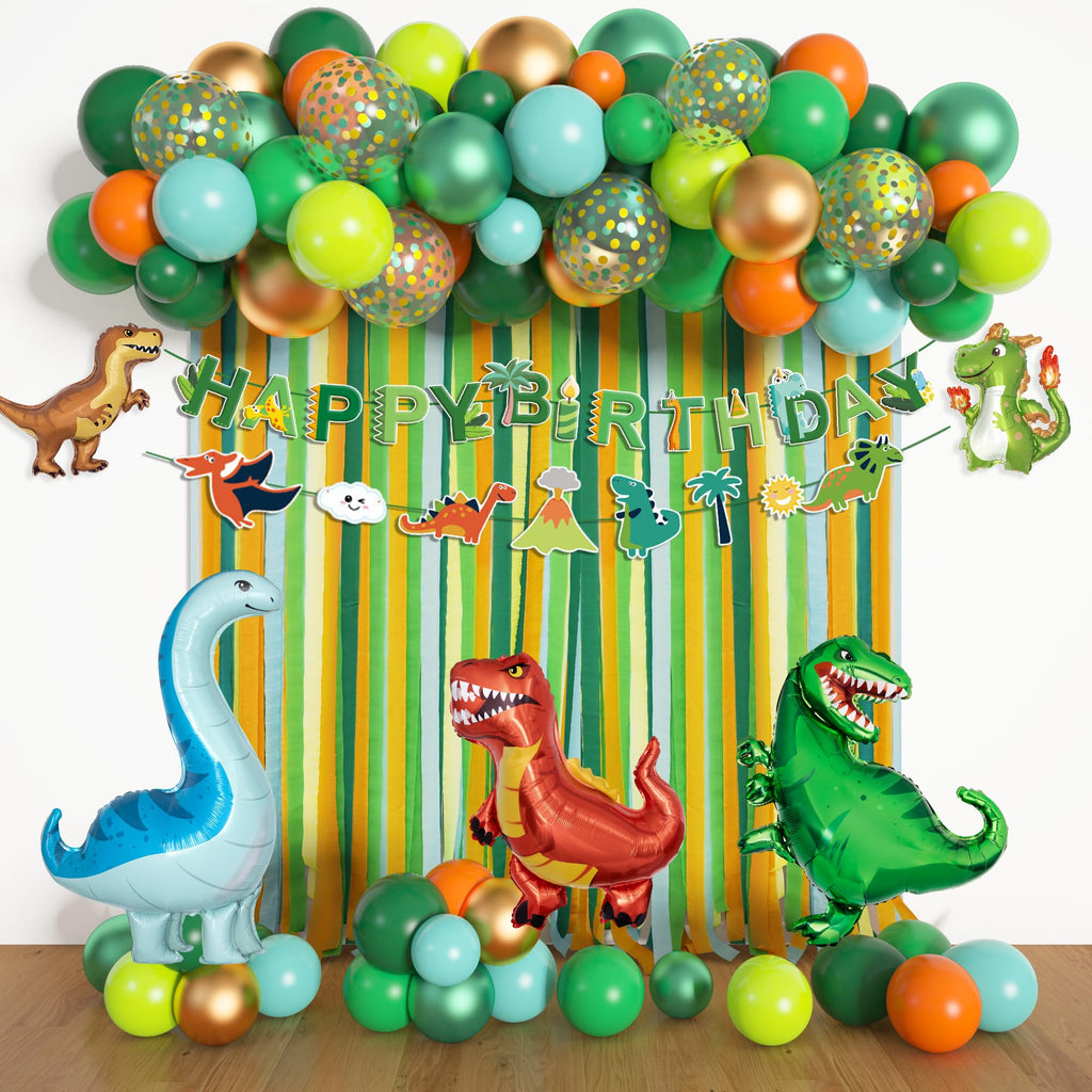 Ouddy Party Dinosaur Birthday Decorations Kit — Banner, Arch, Foil Balloons & Crepe Streamers