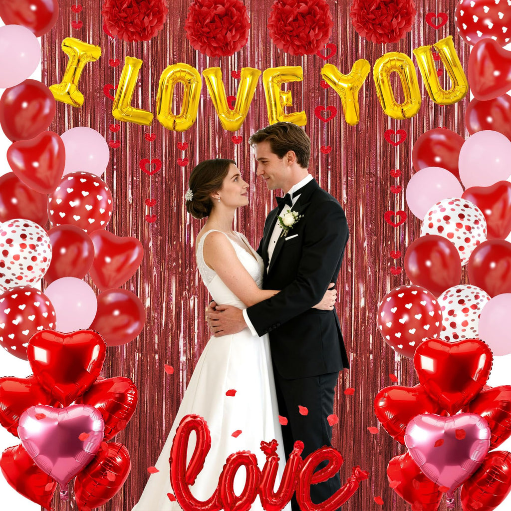 Ouddy Party Red Valentines Day Decorations Set – I Love You Banner, 1000 Rose Petals, Heart Balloons & Foil Curtain