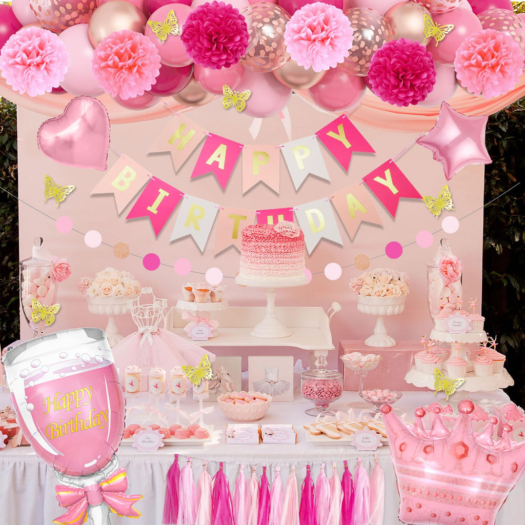 Ouddy Party Pink Birthday Decorations Kit for Women & Girls – Hot Pink, Rose Gold Balloons & Fringe Curtain