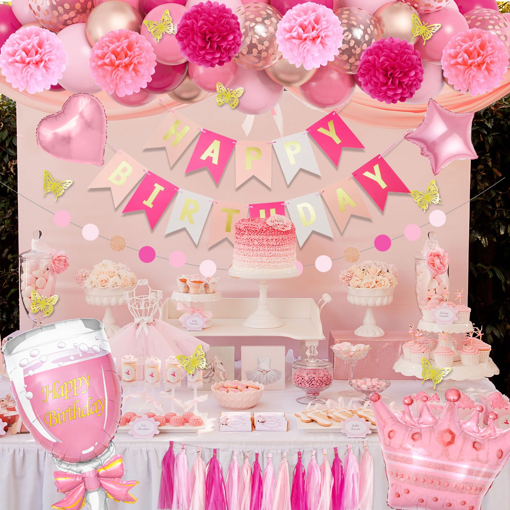 Ouddy Party Pink Birthday Decorations Kit for Women & Girls – Hot Pink, Rose Gold Balloons & Fringe Curtain