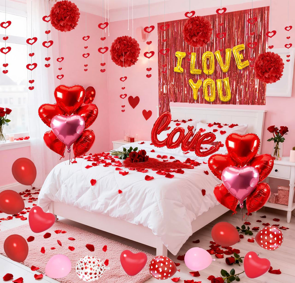 Ouddy Party Red Valentines Day Decorations Set – I Love You Banner, 1000 Rose Petals, Heart Balloons & Foil Curtain