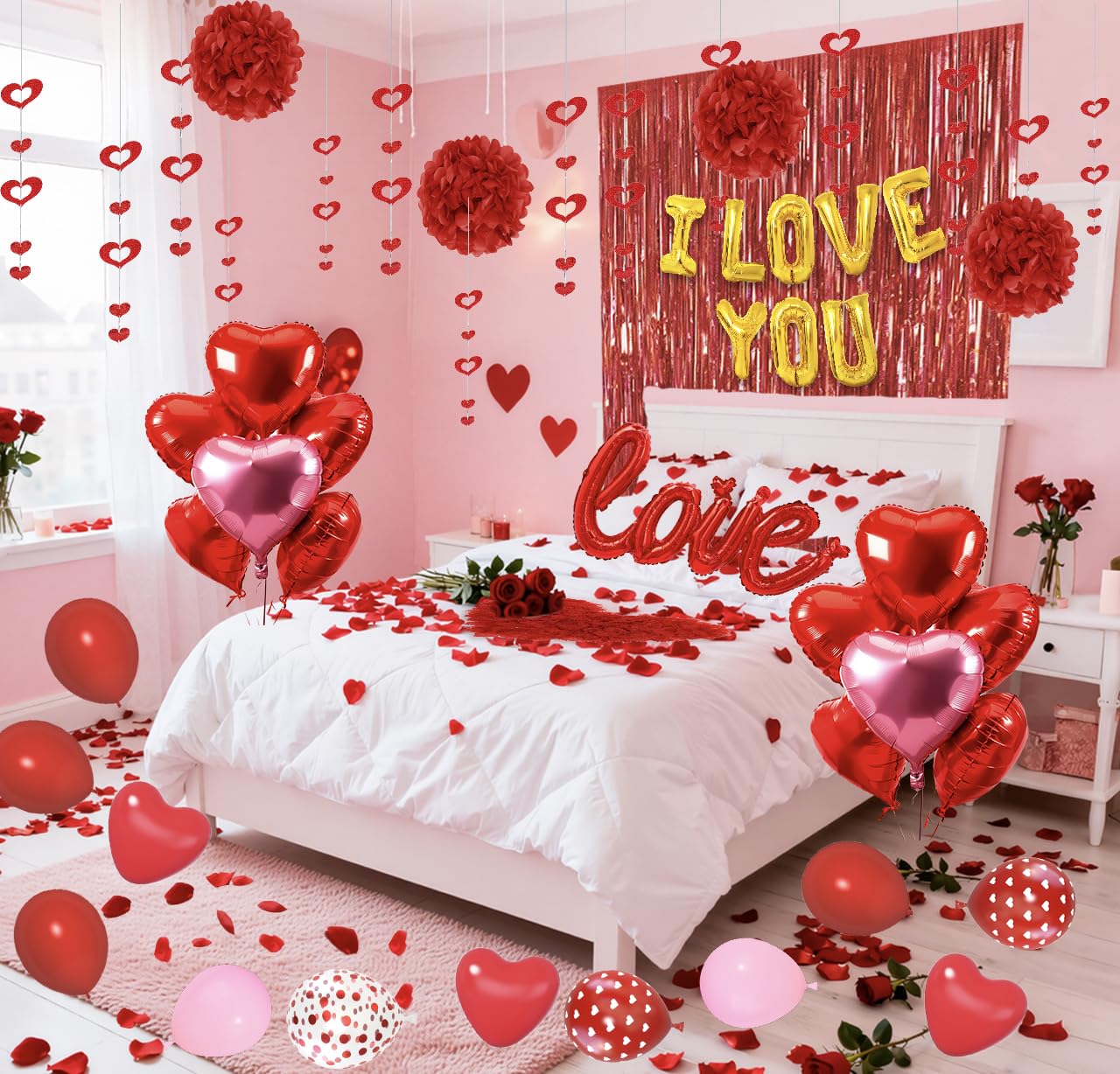 Ouddy Party Red Valentines Day Decorations Set – I Love You Banner, 1000 Rose Petals, Heart Balloons & Foil Curtain
