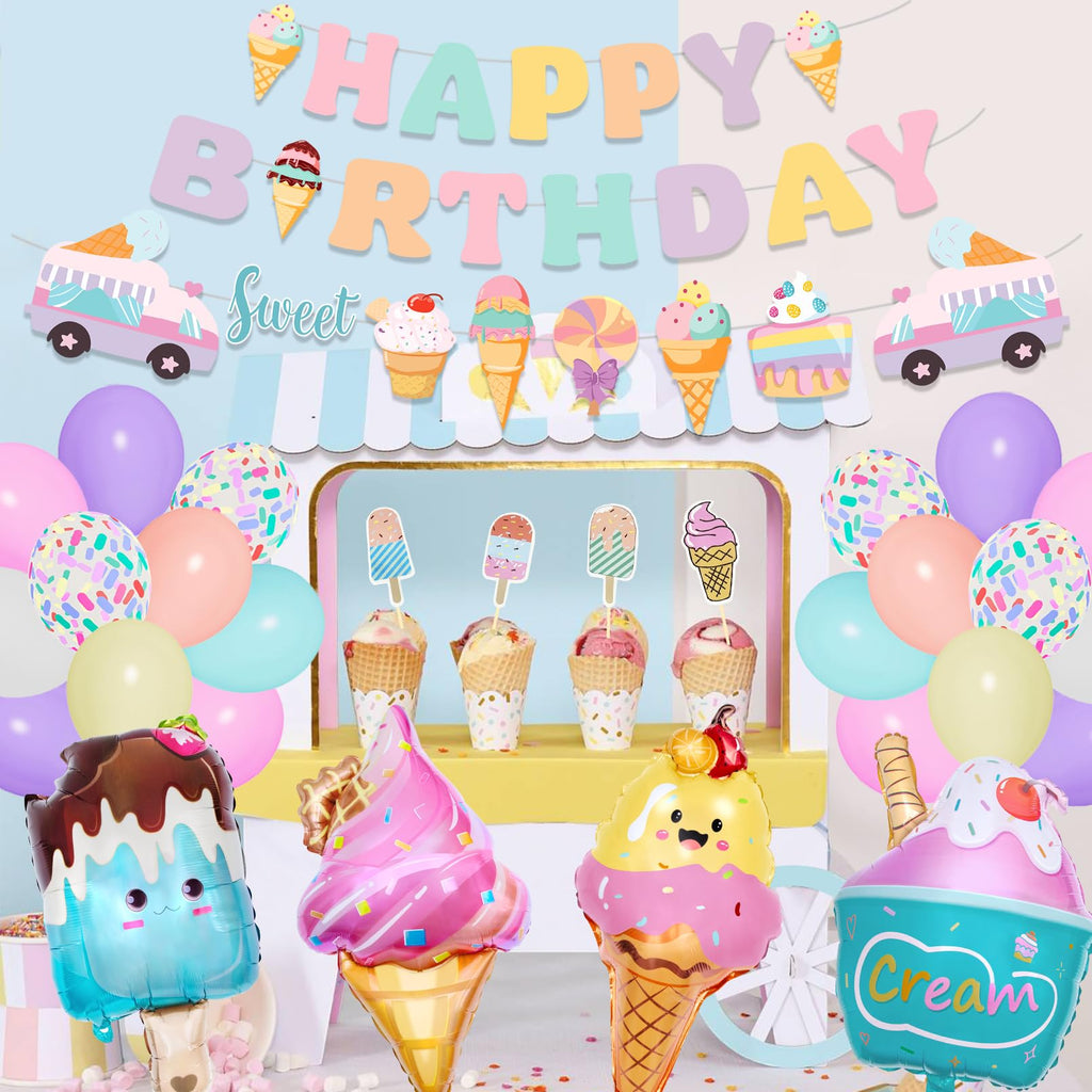 Ouddy Party 75Pcs Ice Cream Birthday Decorations for Girls – Pastel Balloon Arch Kit, Banners & Cupcake Toppers